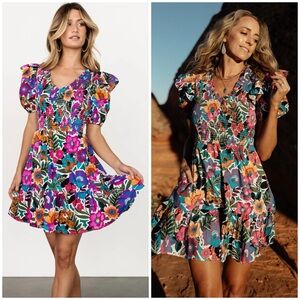 Baltic Born Bright Floral Smocked Mini Dress Tropical Puff Sleeve Size M